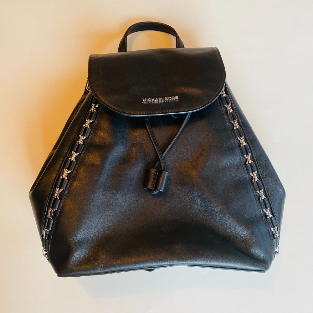 MICHAEL KORS Black Leather with Silver Detail Flap Backpack